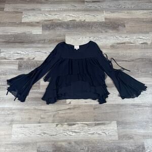 Cinq à Sept Navy Silk Ruffle Blouse Bell Sleeve Top Romantic Date Night Boho XS